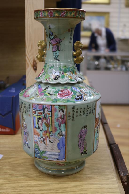 A 19th century Chinese celadon ground famille rose vase height 33cm